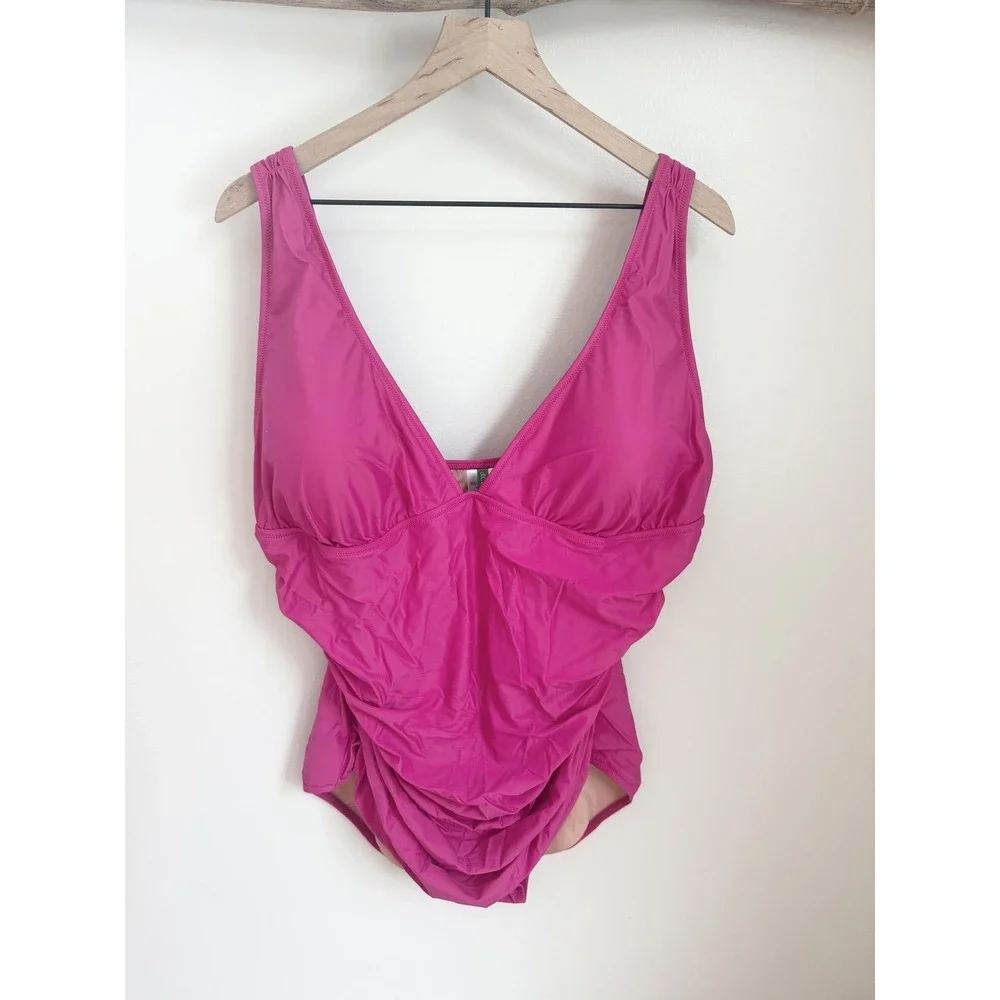 J Crew One Piece Swimsuit V Neck Ruched Pink Size 22‎